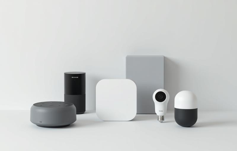 Image showcasing smart home prize components including smart bulbs, camera, thermostat, and speaker